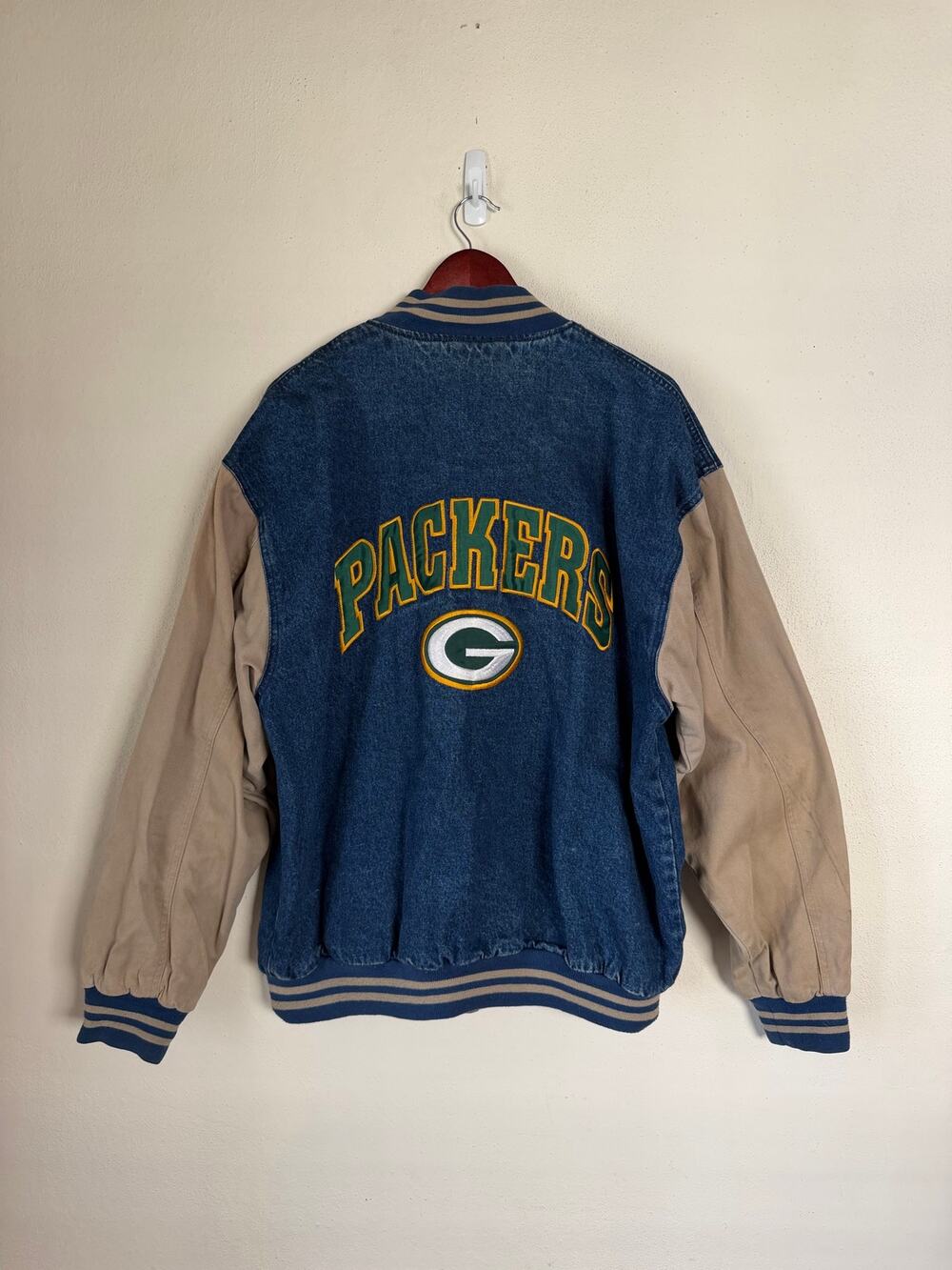 Vintage 90s Lee Sport Packers Miller Lite Beer Time Denim Jean Bomber Jacket